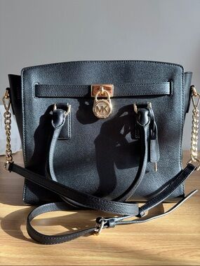 Michael Kors Black Leather Hamilton Bag with Gold-Tone MK Charm